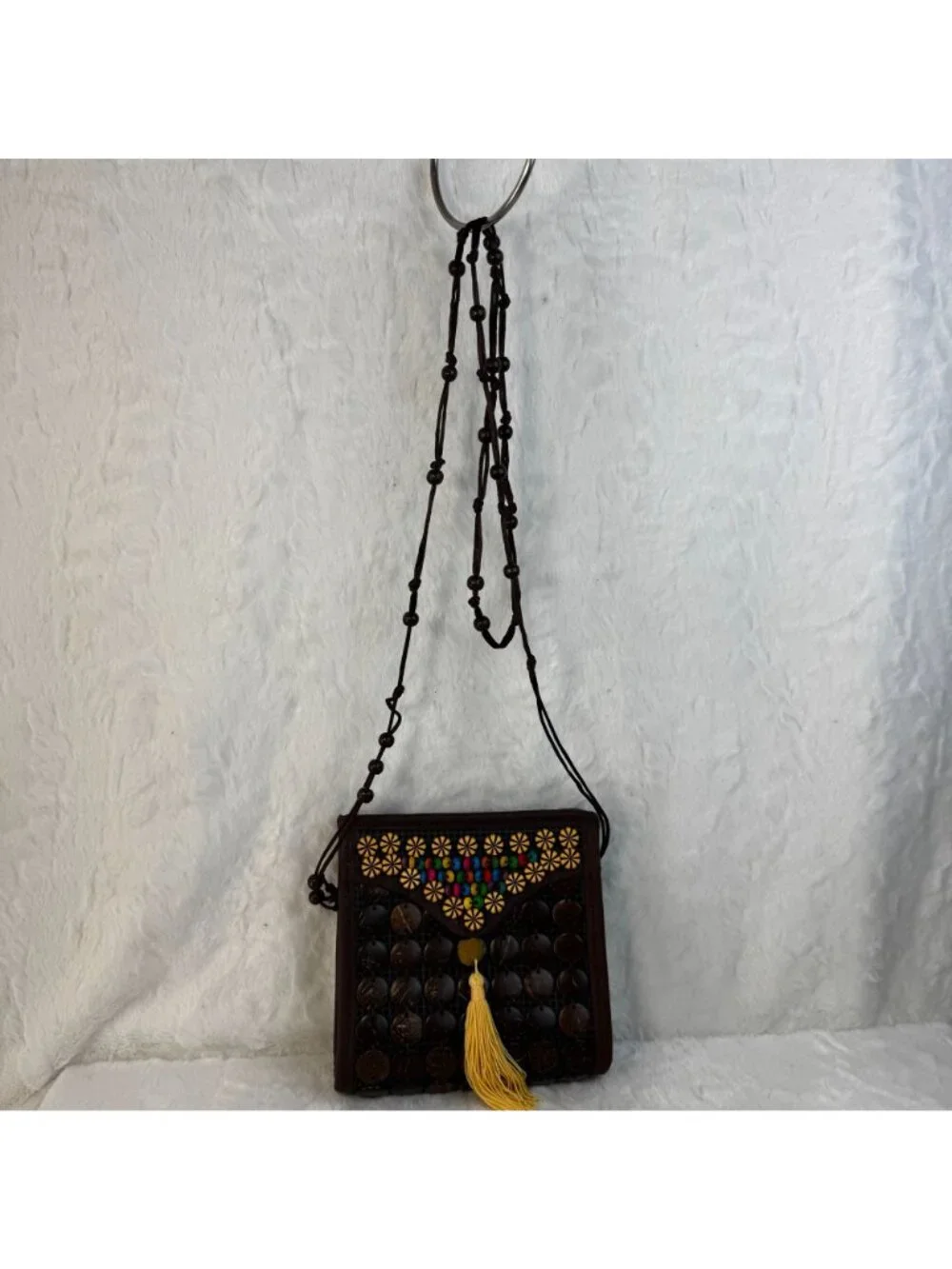 Handcrafted Coconut Shell Crossbody Bag Beaded Accents Tassel Boho Chic Design